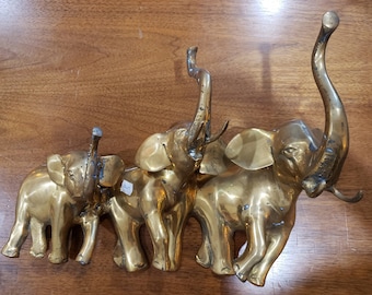 Vintage 1970's Brass Family of Elephants - Wall Hanging Art