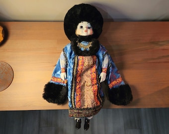Vintage Russian Porcelain Doll 17.25" Folk Costume Fur Hat