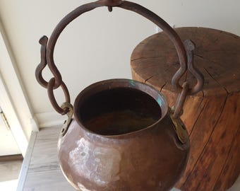 Antique Hanging Fireplace Cauldron Hammered Copper