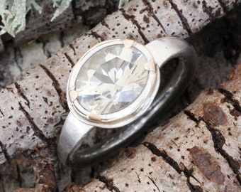 Sunstone Ring 14K Gold Halo and Sterling Silver