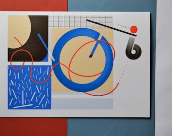May include: A white card with a blue circle, a red line, and black and white geometric shapes. The text "Happy" is written in red on the card.