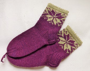 Wool socks Handknit women socks Warm socks Handknit socks Christmas gift Snowflake ornament Purple socks Slippers Gift for her Leg warmer