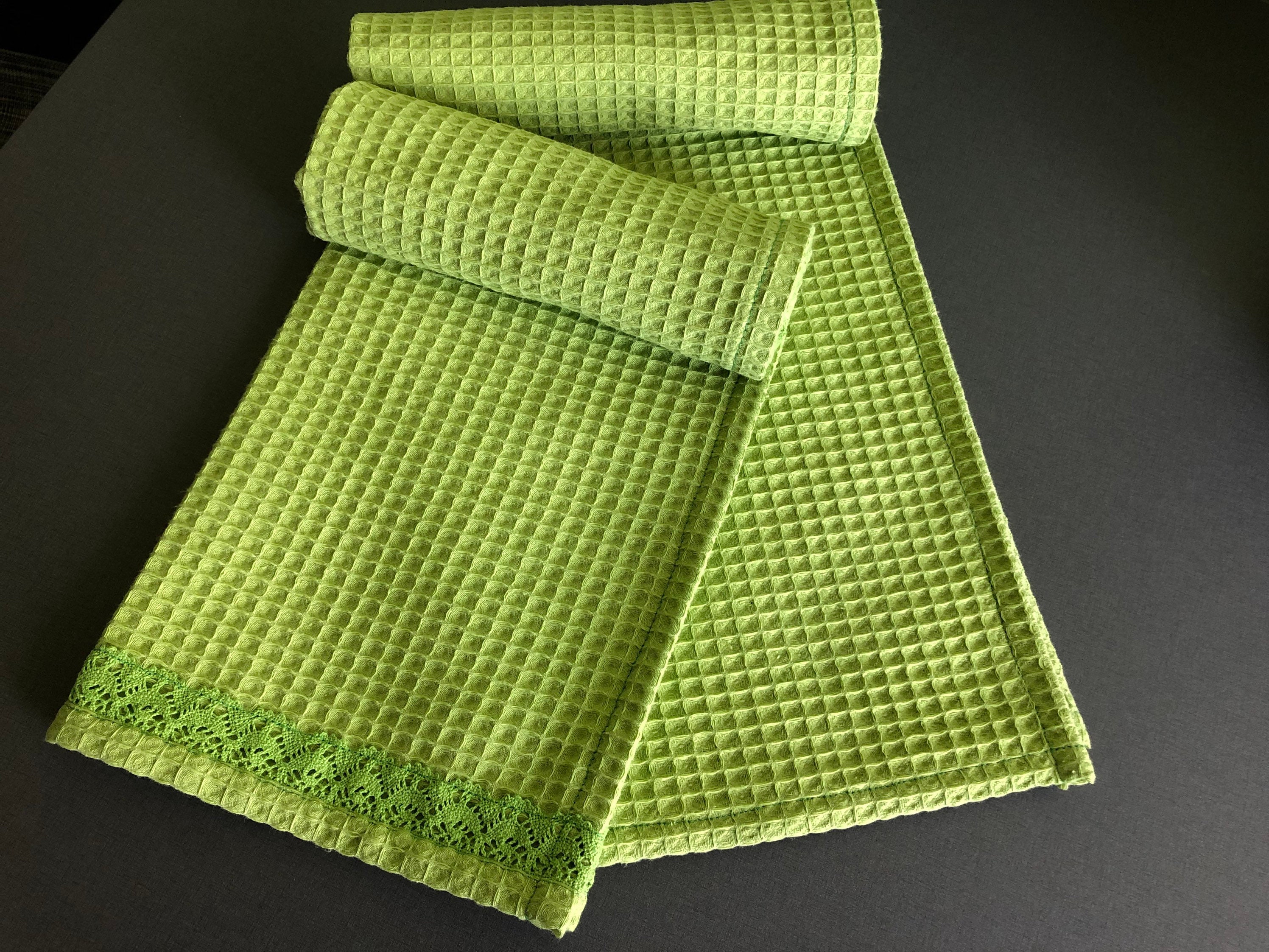 PACK OF WAFFLE COTTON CHRISTMAS KITCHEN TOWELS (PACK OF 2) - Green / Ecru