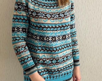 Maglione Fair Isle lavorato a mano, maglione in stile islandese, maglione turchese