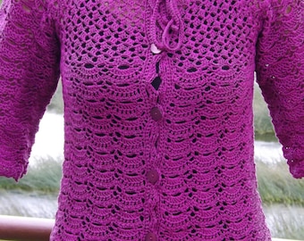 Crochet Cardigan Vintage Style,FREE SHIPPING, Boho Crochet, Summer 3/4 sleeve, Purple Jacket,Cotton jacket,Beach Summer Blouse,Summer jacket