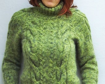 Merino sweater women Green cable knit sweater Knit pullover Mohair sweater Merino mohair sweater Turtleneck sweater Cable knit sweater