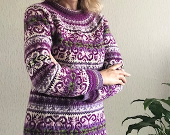 Maglione Fair Isle lavorato a mano, pullover islandese in semilana, taglia da donna S-M