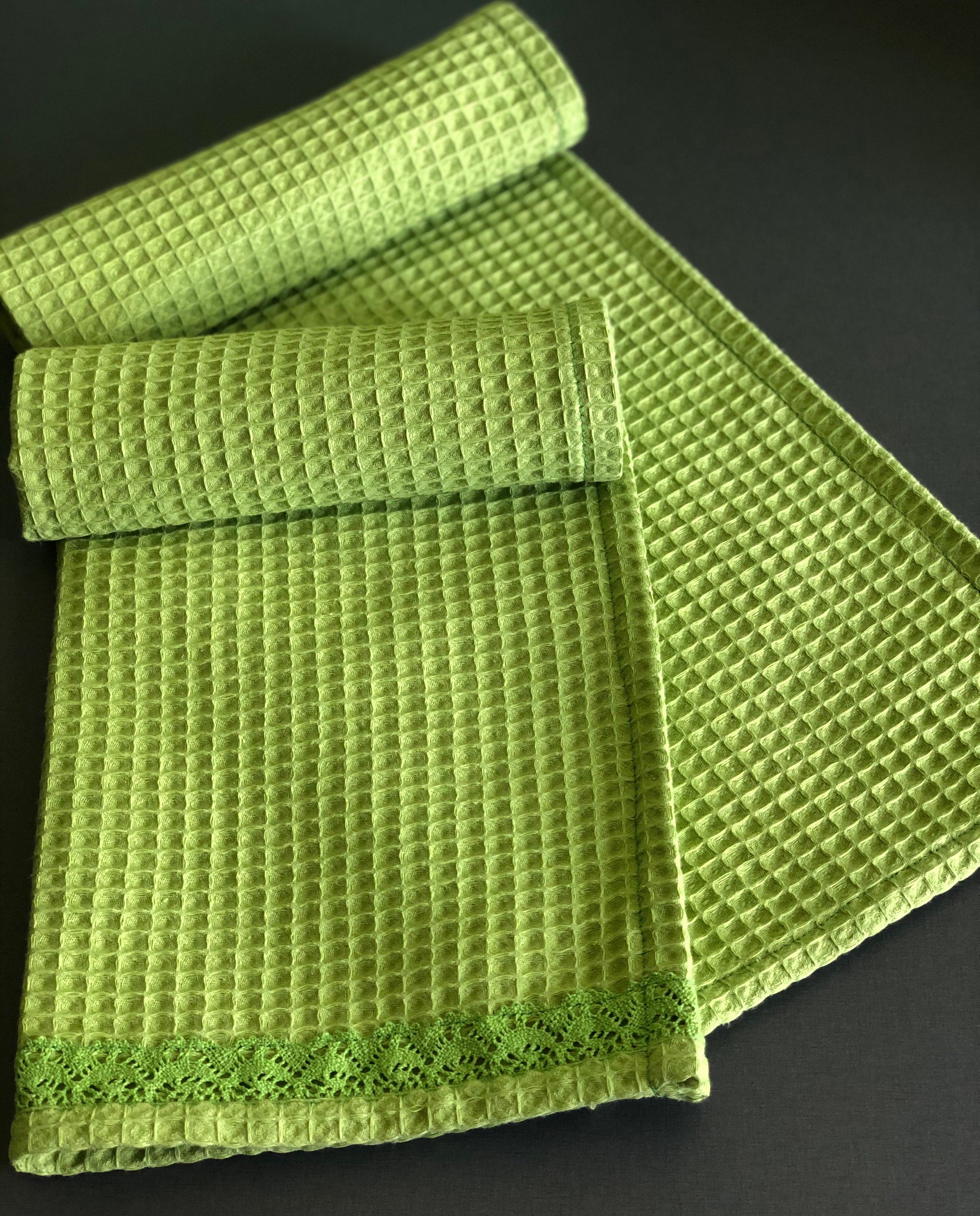 THYME & SAGE KITCHEN TOWELS (4) BLUES GREEN WAFFLE TURKISH COTTON 16 X  26 NWT