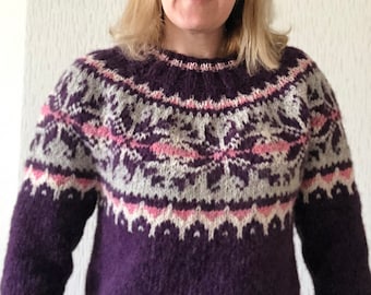 Maglione islandese in mohair lavorato a mano, pullover in lana Fair Isle norvegese