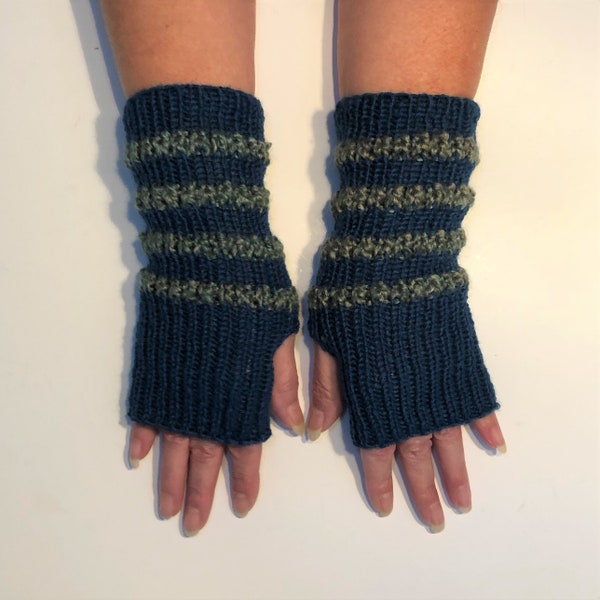 Green stribed blue fingerless gloves, soft acryl gloves, teens fashion, warm gloves for women, boho style, danish gift idea for her