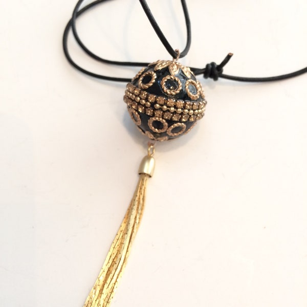 Golden boho necklace, black leather necklace, golden tassel, adjustable length, womens fashion jewelry, black necklace, boho bead, gift idea
