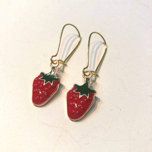 Red strawberry golden earrings, dangle earrings, summer vegan, womens jewelry, eurochic fashion, boho wear earrings for wife, teachers gift