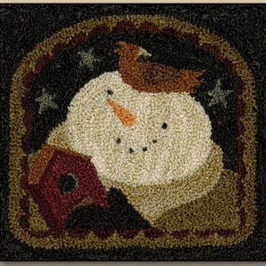 May include: A whimsical needlepoint design featuring a snowman with a bird perched on its head. The snowman is surrounded by a brown frame with stars and a red birdhouse.