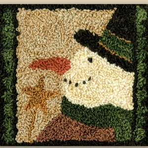 May include: A hand-stitched rug featuring a snowman wearing a green hat and holding a red scarf. The snowman is surrounded by a brown, green, and gold background.