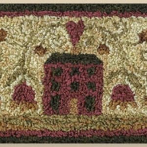 May include: A hand-hooked wool rug with a burgundy, green, and cream color scheme. The rug features a stylized house with a heart-shaped chimney in the center, surrounded by floral motifs.