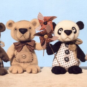 May include: Four plush stuffed animals, a brown bear holding a red balloon, a tan bear holding a colorful pinwheel, a black and white panda bear holding a colorful pinwheel, and a gray bear holding a red heart balloon.