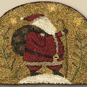 May include: A red and white Santa Claus with a sack of gifts stands on a snowy hill against a gold background with green vines and red berries.