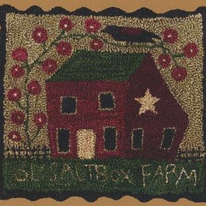 May include: A red house with a green roof and a white star on the side. There is a black bird perched on the roof and a row of red flowers on the left side of the house. The text "GLENALTEX FARM" is written below the house.