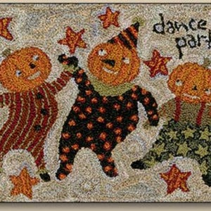 May include: A handcrafted rug featuring three dancing pumpkin figures in Halloween costumes. The pumpkins are orange with smiling faces and are surrounded by orange star shapes. The words "dance party" are written above the pumpkins.