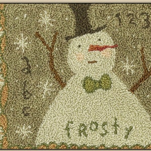 May include: A green and white needlepoint rug featuring a snowman with a black top hat, green bow tie, and red nose. The snowman is surrounded by brown branches and white snowflakes. The text "Frosty" is written below the snowman.
