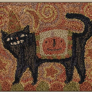 May include: A black cat with a wide grin is depicted in a primitive style rug hooking. The cat is standing on a colorful background with a floral pattern.