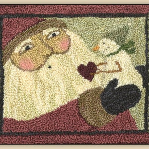 May include: A red, green, and white needlepoint rug with a depiction of Santa Claus holding a heart and a snowman. The rug has a black border and a green and white border.