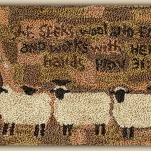 May include: A brown rug with a woman holding a shepherd's crook and four sheep. The rug has the text "She seeks wool and flax and works with her hands." Prov 31:13