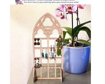 Gothic Earring Holder, Wooden Jewelry Organizer, Gothic Decor Gift for Her, Jewelry deisplay, Cathedral window dark decor