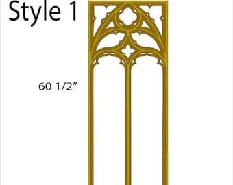 May include: A gold-colored, ornate window frame with a gothic design. The frame is 24 inches wide and 60 1/2 inches tall. The text "Style 1" is in the upper left corner.
