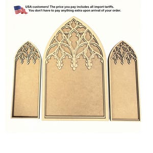 May include: Three light brown wooden panels with pointed gothic arch tops. Each panel features intricate laser-cut decorative tracery patterns at the top, resembling cathedral window designs. The surfaces are flat and unfinished wood.