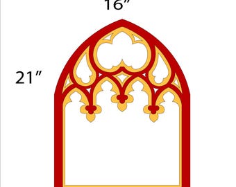 May include: A decorative, arched window frame design. The frame is 21 inches tall and 16 inches wide. The frame is red with gold accents and a white interior. The design features a series of repeating floral and geometric shapes.