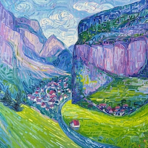 Lauterbrunnen Original Oil Painting (24&quot;X 36&quot;) Swiss Alps Jungfrau Region, Colorful Switzerland Landscape, Impressionism, Impasto
