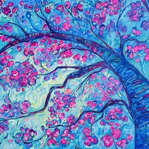 Spring Flourish (24&quot;X 36&quot;) Original Oil Landscape Painting, Colorful Tree with Pink Flowers in Bloom, Impressionism