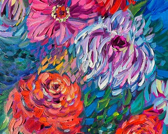 Zinnias: Original Oil Painting (8"X 10") Colorful Impressionist Flowers