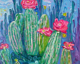 Prickly Pear Bloom (16"X 20") Original Oil Painting: Colorful Cactus Flowers, Desert Landscape, Impressionism