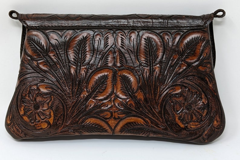 Hand Tooled Vintage Brown Color Leather Bag, Convertible Clutch