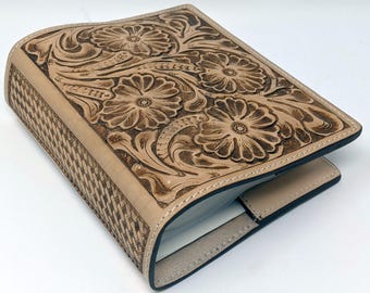 Hand Tooled Saddle Leather Photo Album, Natural Leather Color, Small, Vintage Floral Motif, 100 4x6 Pictures (50 Two Sided Sleeves)