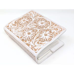 Leather Photo Album, Wedding, Hand Tooled, White, Small, Western Vintage Floral Motif, 100 4x6 Pictures