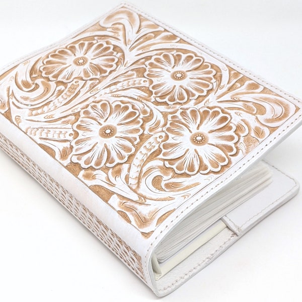 Leather Photo Album, Wedding, Hand Tooled, White, Small, Western Vintage Floral Motif, 100 4x6 Pictures