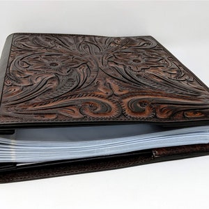 Leather Photo Album Hand Tooled, Vintage Brown Floral Motif, 40 Two Sided Acid Free Sleeves, Wedding-Heirloom 8x10 or 5x7