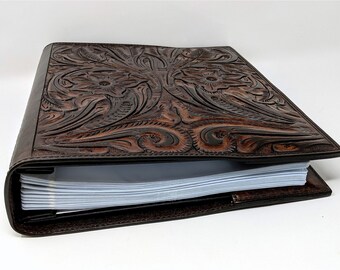 Leather Photo Album Hand Tooled, Vintage Brown Floral Motif, 40 Two Sided Acid Free Sleeves, Wedding-Heirloom 8x10 or 5x7