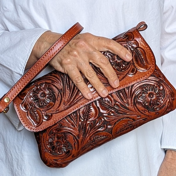 Hand Tooled Italian Tan Leather Bag, Clutch/Wristlet Vintage Flower Design