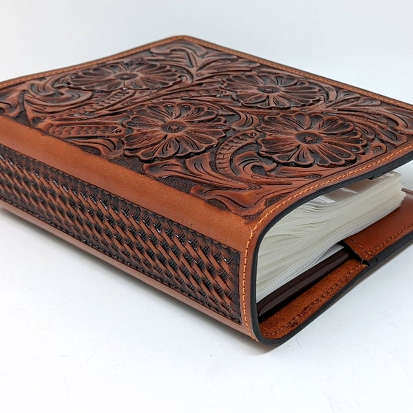 Leather Photo Album, Wedding, Hand Tooled, Italian Tan, Small, Western Vintage Floral Motif, 100 4x6 Pictures