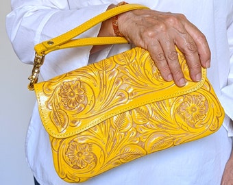Hand Tooled Yellow Leather Bag, Clutch/Wristlet Vintage Flower Design