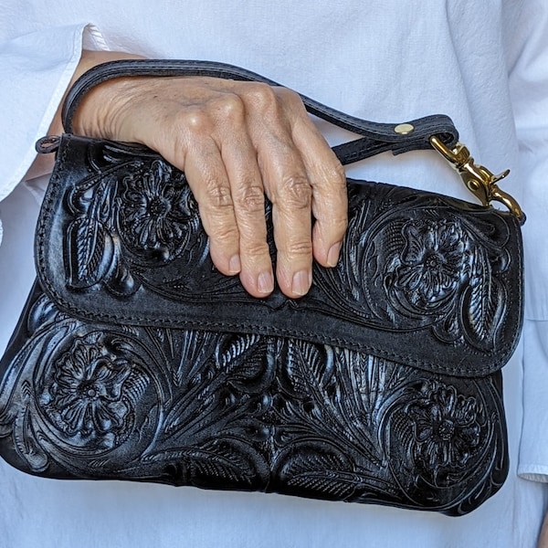 Hand Tooled Black Color Leather Bag, Convertible Clutch/Wristlet/Crossbody