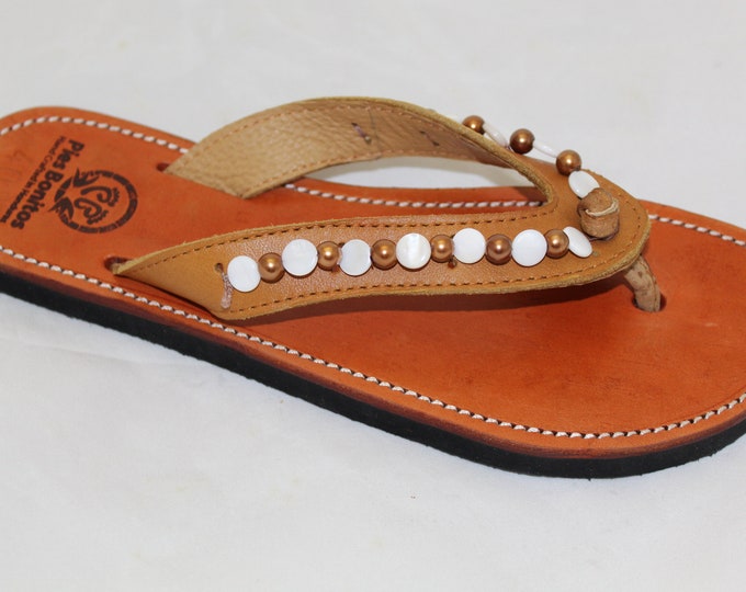 Handcrafted Beaded Leather Sandals - White and Bronze Beads - Fair Trade - Brown Leather Flip Flop Sandals - From Honduras
