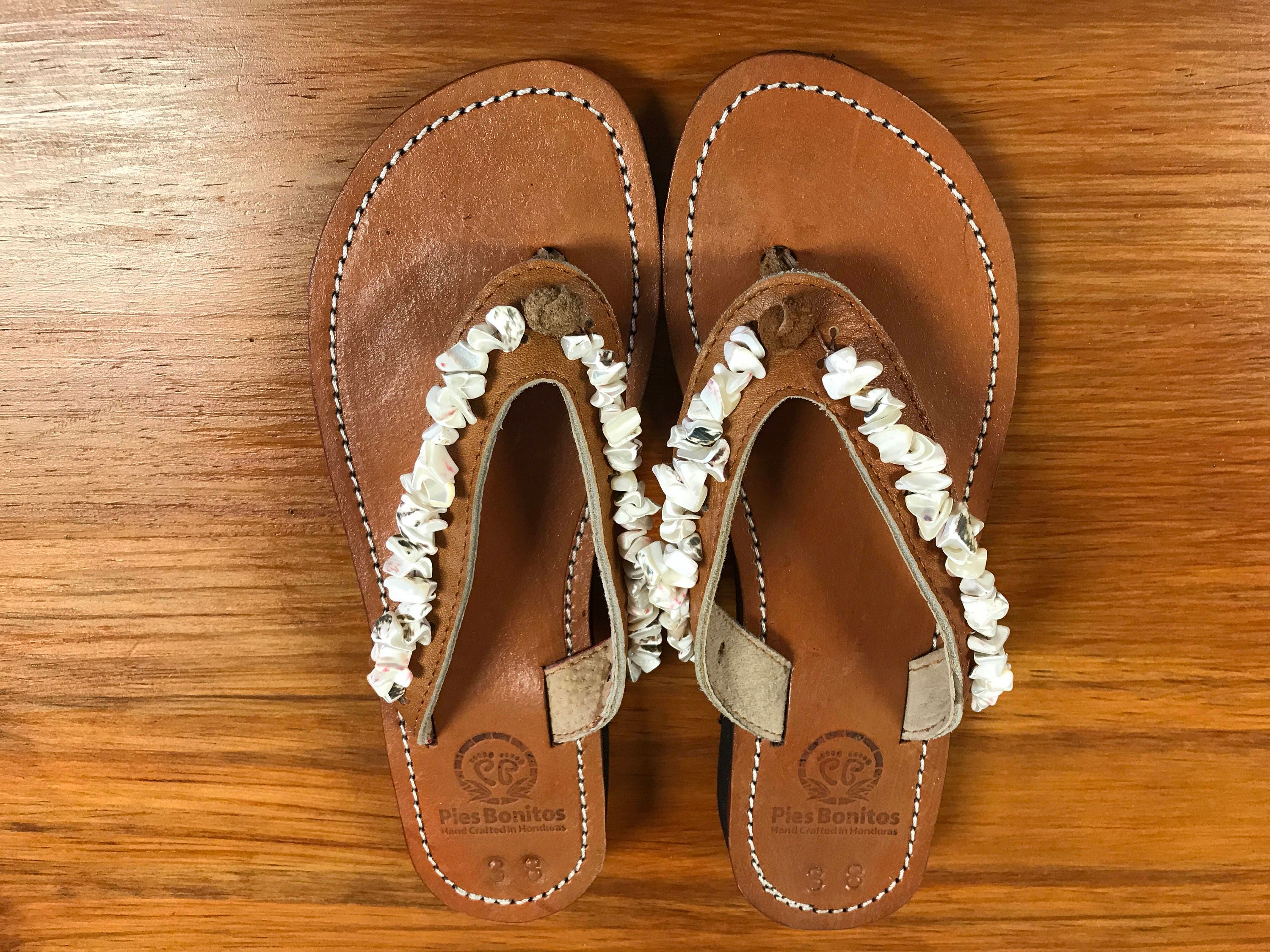 Handcrafted Beaded Leather Sandals White Shell Beads Fair Trade Brown Leather Flip Flop