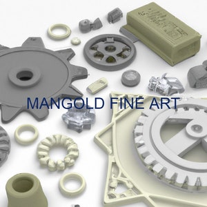May include: A collection of small, gray and beige 3D printed gears, rings, and other objects. The objects are arranged on a white surface. The text "MANGOLD FINE ART" is printed in black on the surface.
