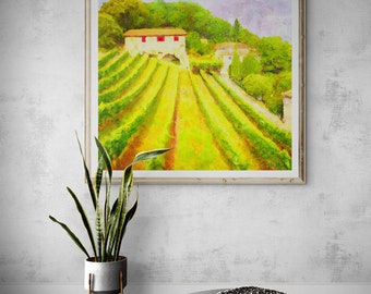 May include: A painting of a vineyard with a small house in the distance. The house has red windows and a brown roof. The vineyard is green and yellow and the sky is a light purple.