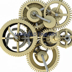 May include: A close-up of a set of gold-colored gears interlocked together. The gears are intricate and detailed, with a variety of sizes and shapes. The gears are arranged in a circular pattern, creating a sense of movement and energy.